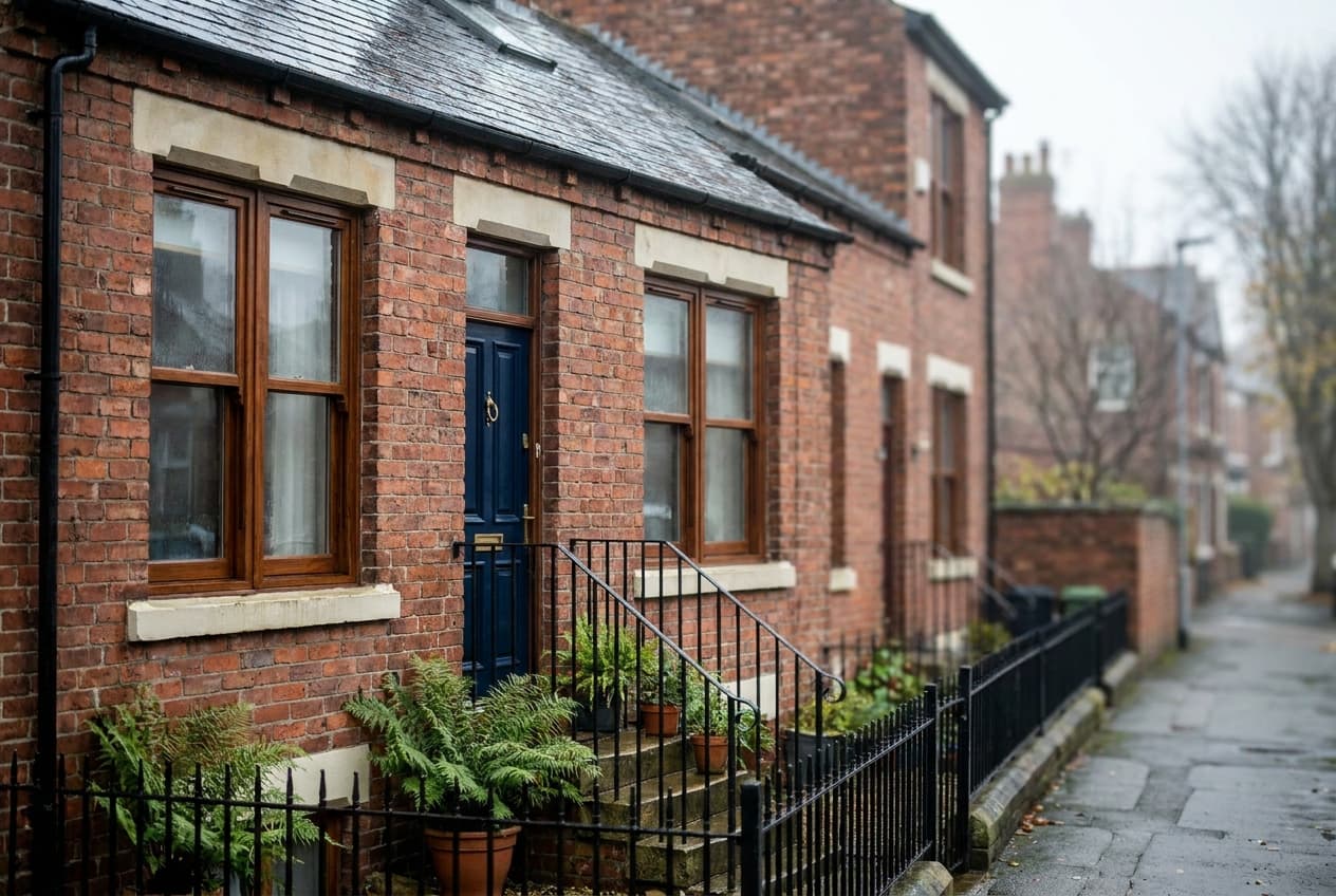 Illustration of a British terraced street with brick houses under a soft sky