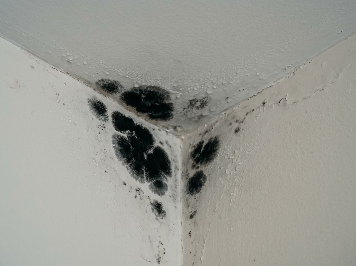 Black spot mould growing in the cold corner of a room where the ceiling meets two walls