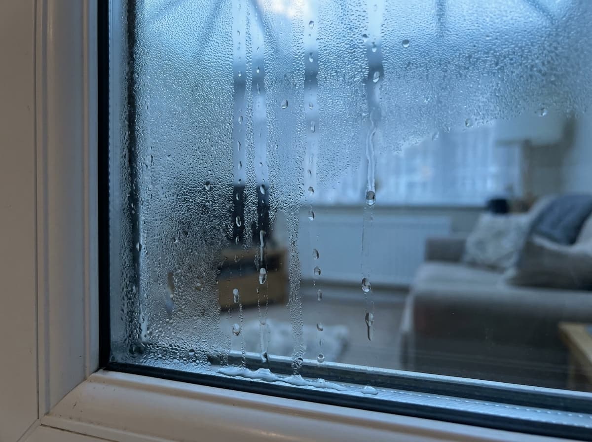 Heavy condensation and water droplets running down the inside of a double-glazed window on a cold morning