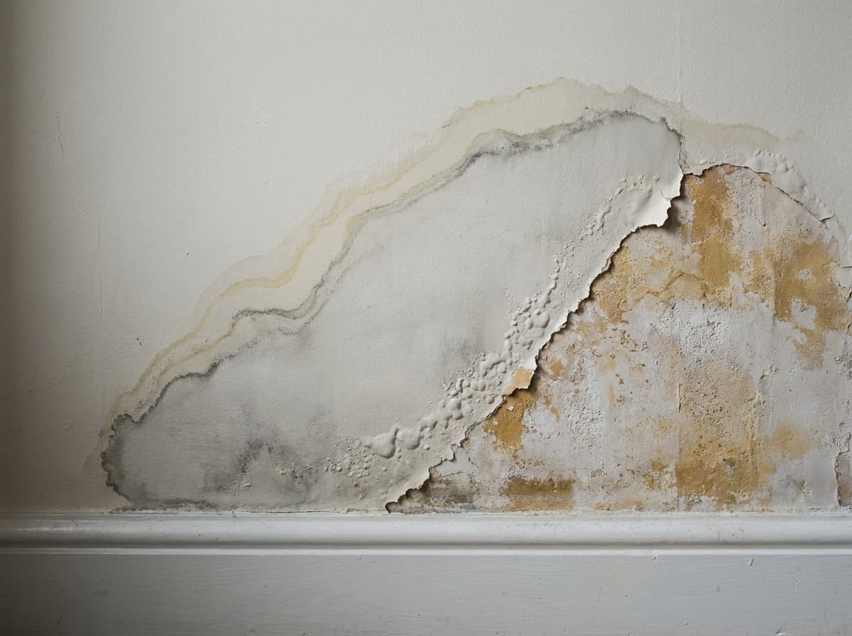 Large irregular damp patch with discoloured plaster and peeling paint on an interior wall