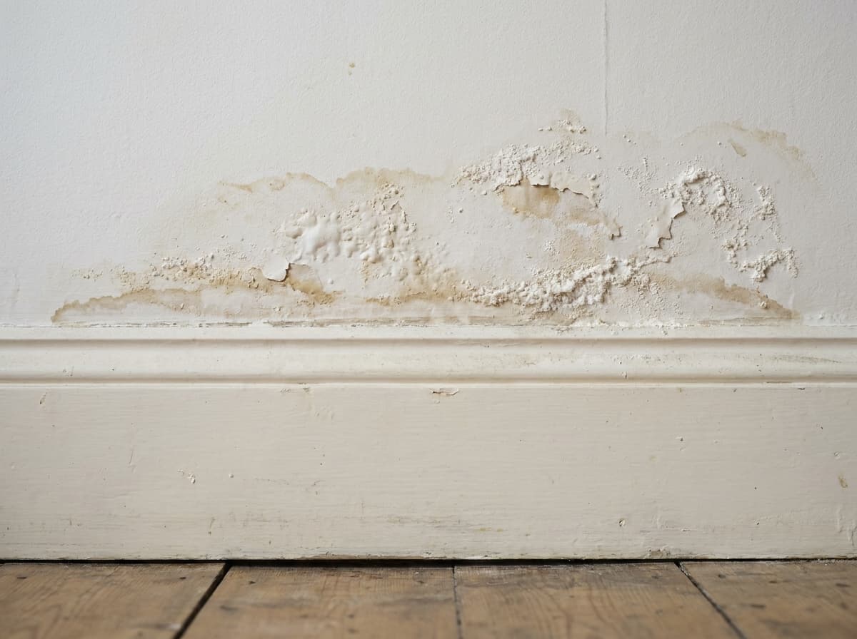 Damp tide mark with salt staining and bubbling paint at the base of an interior wall above the skirting board